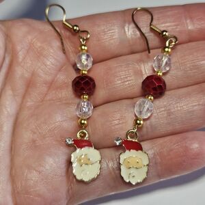 Gold Tone Red Beaded Dangling Santa Earrings